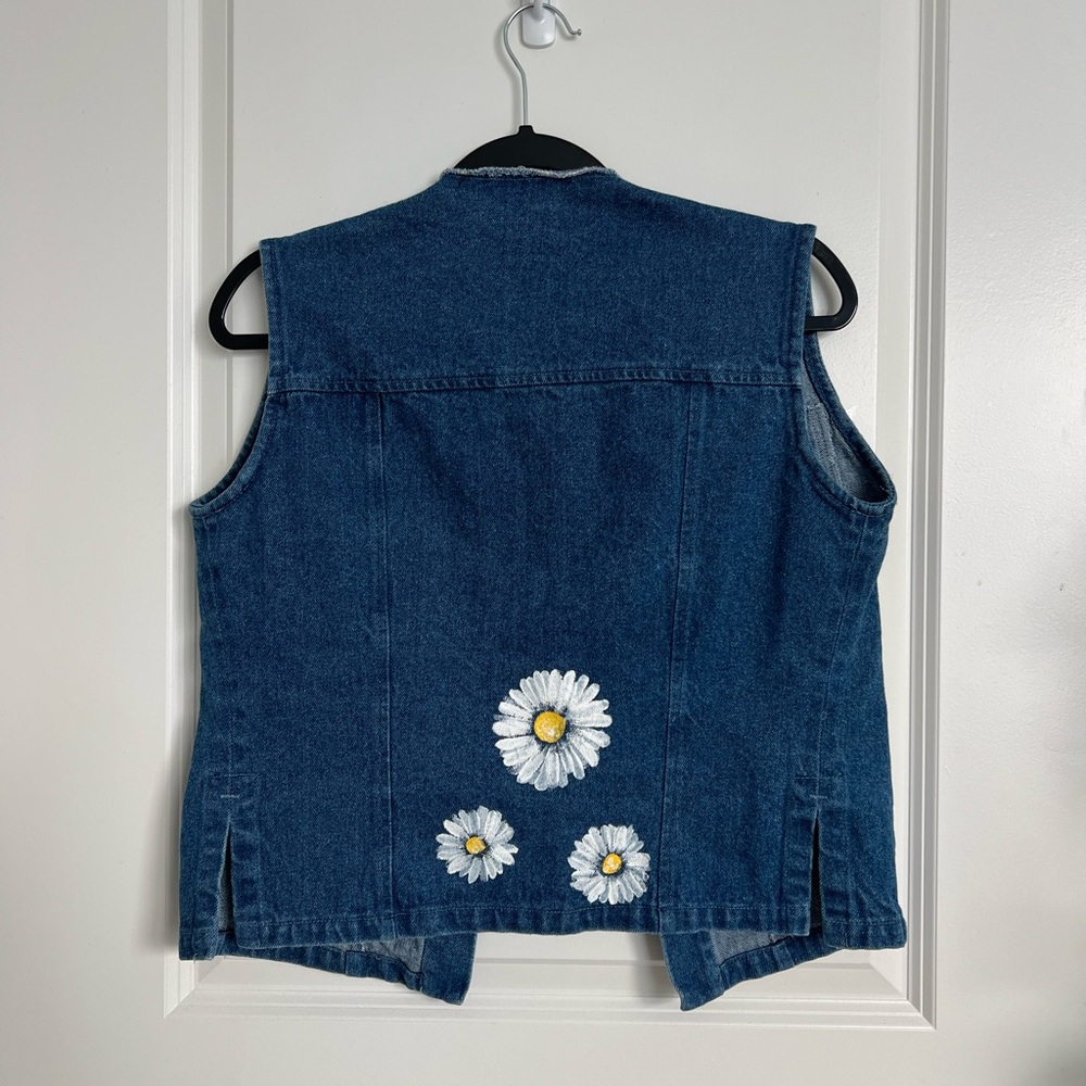 Denim Vest with Hand-Painted Daisies & Daisy Button | One of a Kind | Size S